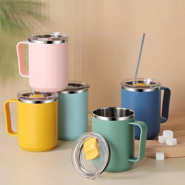 Water Bottles 450ml Handy Cup 304 Stainless Steel Double-layer Office Drinking With Handle And Lid Leak-proof Gifts For Home Travel - Image 2