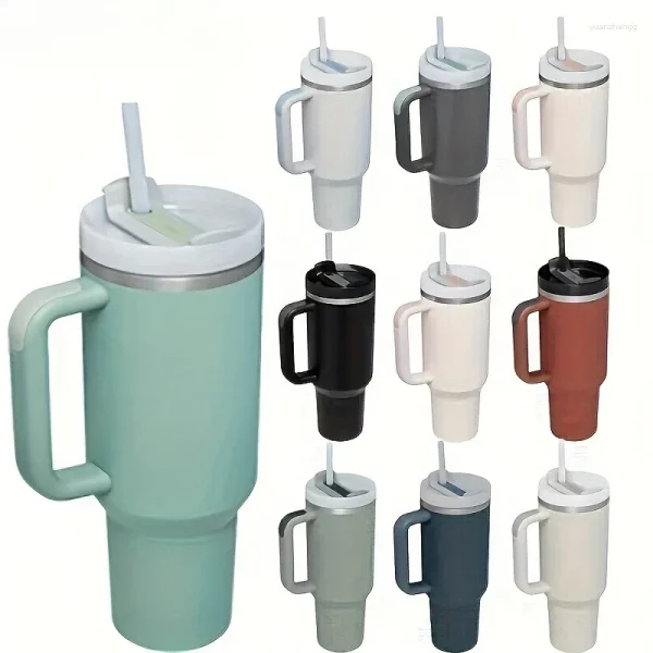 Water Bottles 40oz Stainless Steel Flat Glass With Handle And Straw Sports Kettle For Men Women Coffee Cup-perfect Gift.
