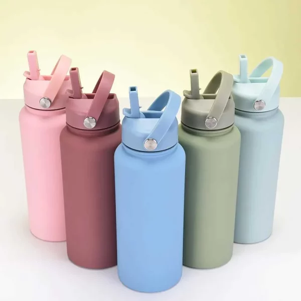 1L Sports WATER BOTTLE With Handle And Straw Stainless Steel Large Capacity Vacuum Flasks Drinkware Large Mouth GymThermos CUP - Image 2