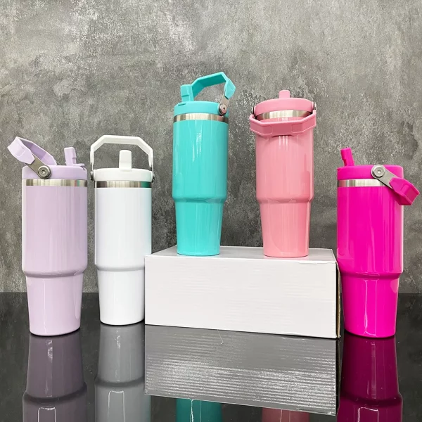 Glossy macaron colored sublimation 30oz portable flip straw stainless steel tumbler vacuum insulated 30oz sports water bottle with handle for customized gifts